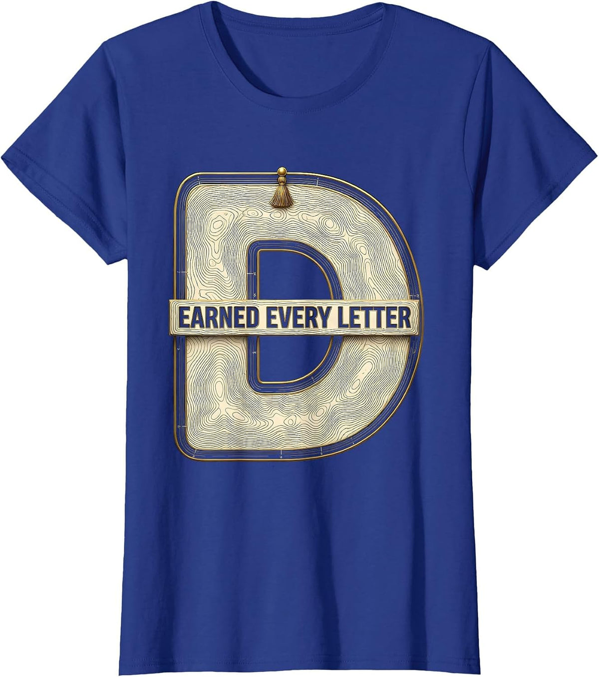 Women's Earned Every Letter Topographic Contour PhD Graduation Black T-Shirt - Royal Blue