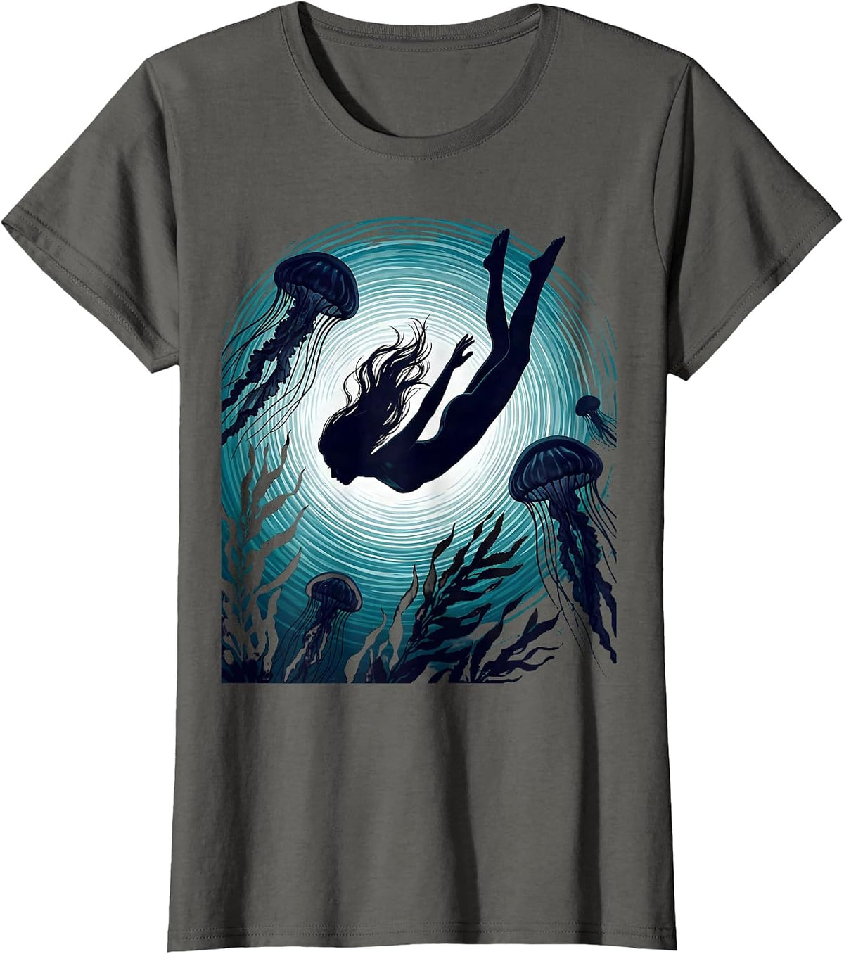 Women's Woman Diving Into Glowing Ocean Graphic Tee T-Shirt - Asphalt Grey