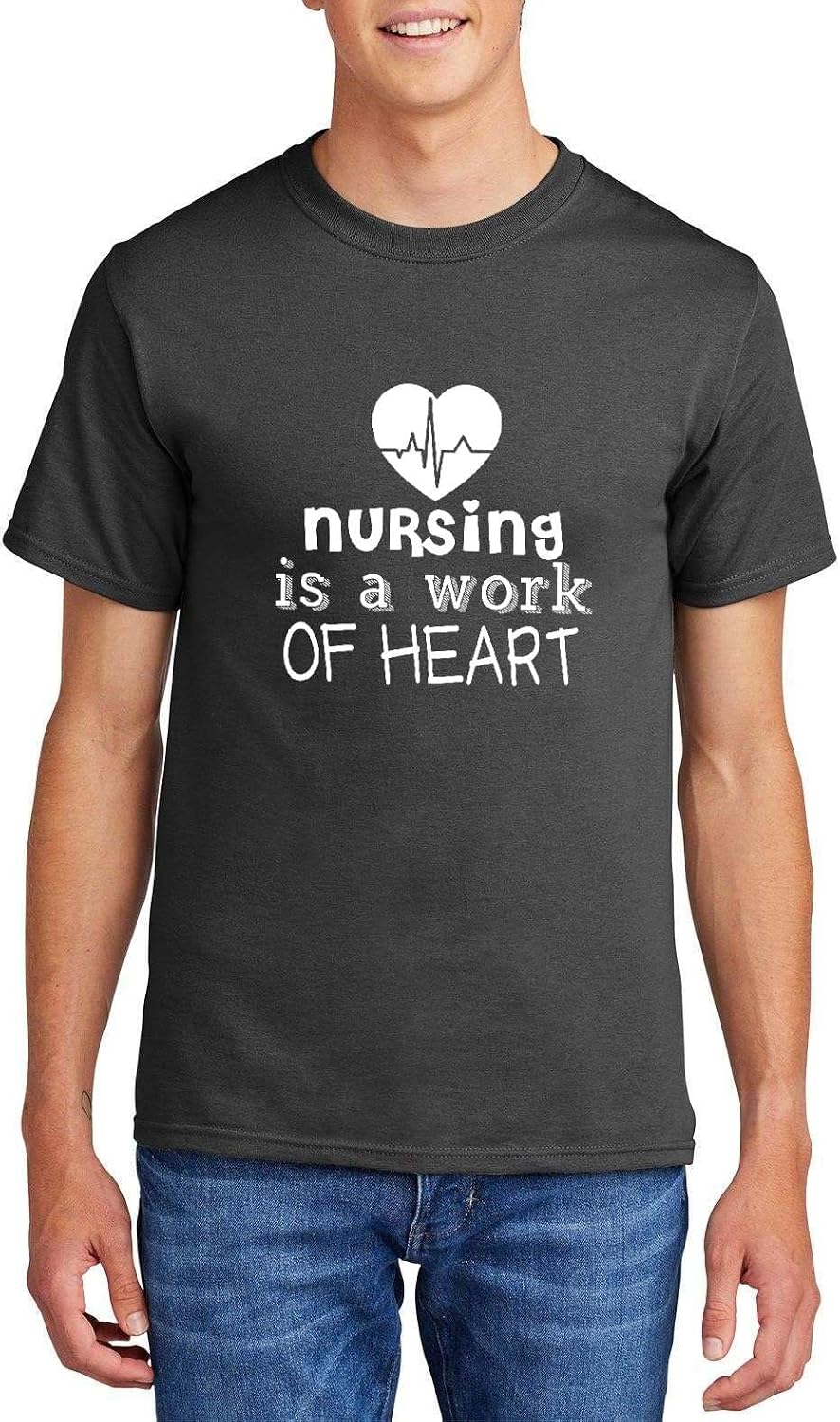 Nursing is A Work of Heart Heartbeat Nurse Graphic Top Cotton Tee Adult Youth Tall Men Women - Mens Crew Charcoal