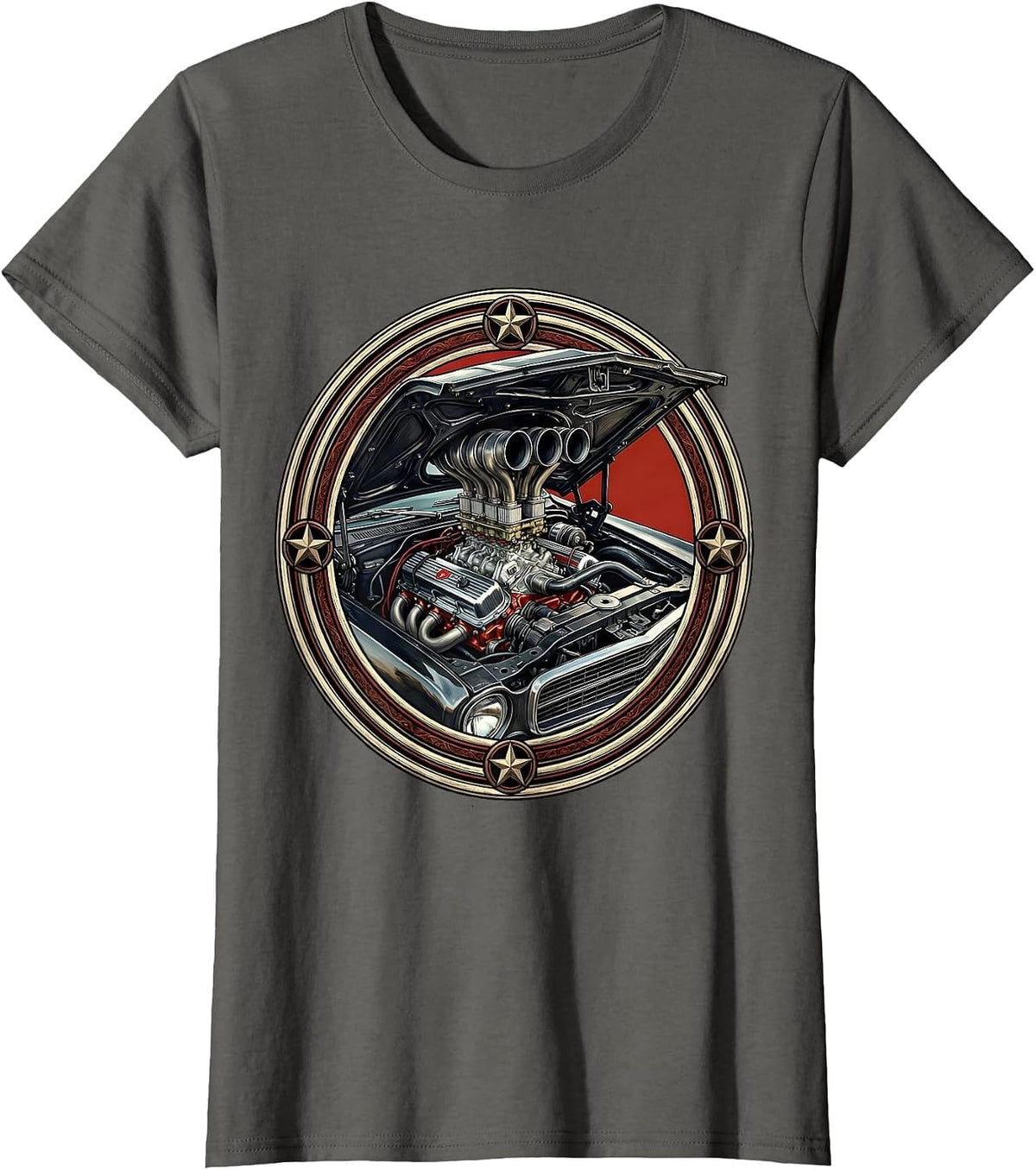 Women's Vintage Hot Rod Engine Bursting Through Hood T-Shirt - Asphalt Grey