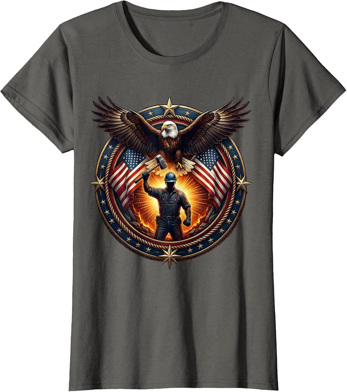 Women's Steel Worker Silhouette Molten Glow Patriotic Design T-Shirt - Asphalt Grey