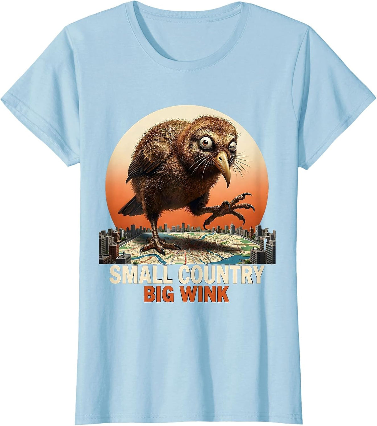 Small Country Big Wink Vintage Kiwi Bird Rugby Fan Humor T-Shirt - Baby Blue