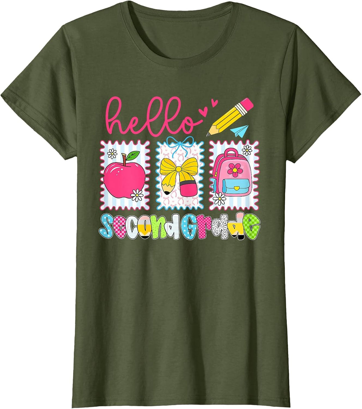 Preppy Hello Second Grade Team Back to School Teachers Kids T-Shirt, Women, Olive Green, XX-Large - As Pictured