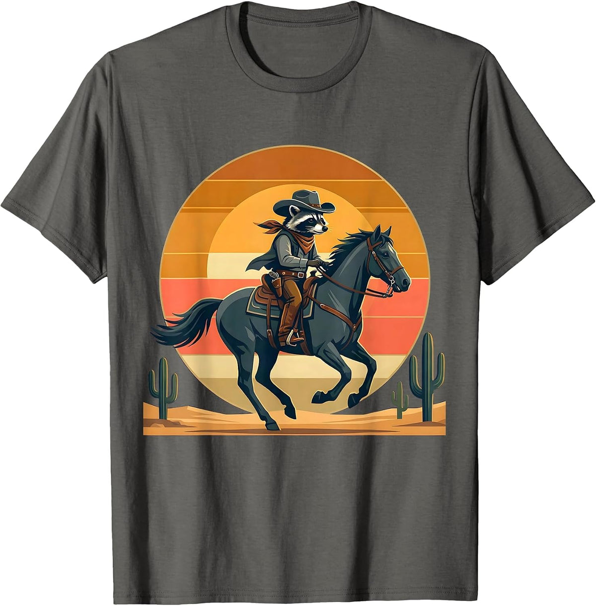 Raccoon Cowboy on Horseback Sunset Design T-Shirt - Asphalt Grey