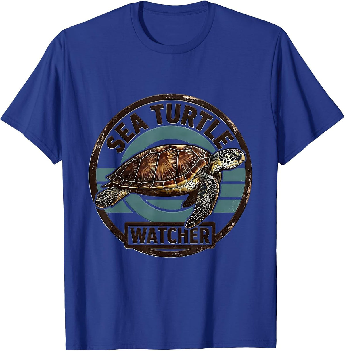 Men's Sea Turtle Watcher Wood Type Letterpress Animal Badge Patch T-Shirt - Royal Blue