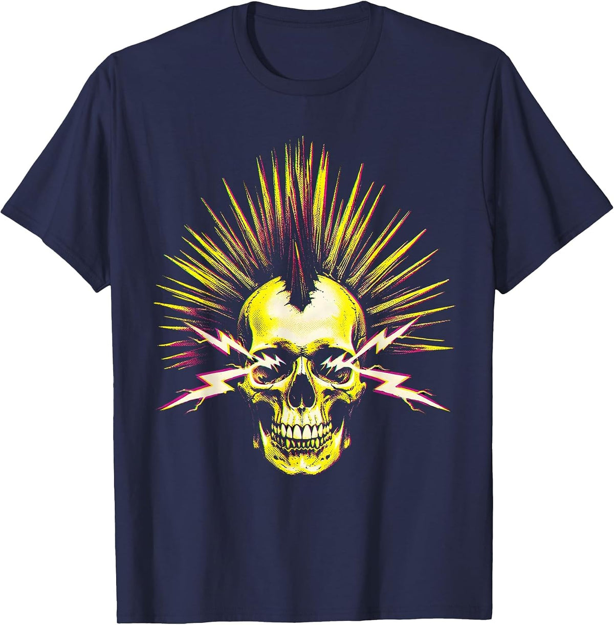 Men's Punk Mohawk Skull Lightning Bolt Eyes Design T-Shirt - Navy Blue