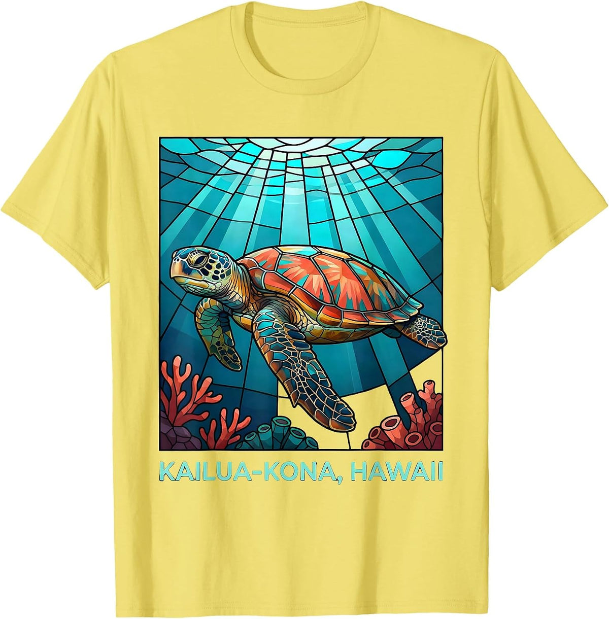Men's Kailua-Kona, Hawaii Stained Glass Mosaic Sea Turtle Souvenir T-Shirt - Lemon Yellow