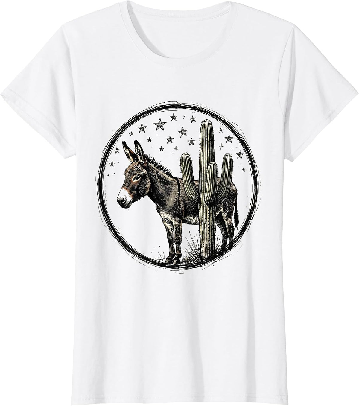 Donkey and Cactus Starry Night Desert Scene T-Shirt - White