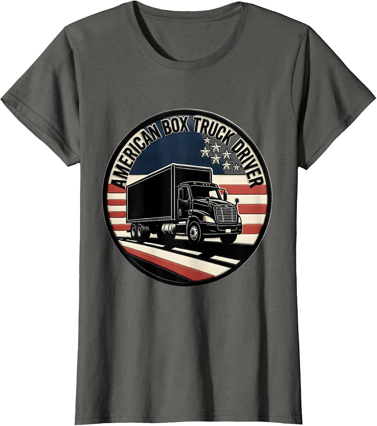 Women's American Box Truck Driver Patriotic Trucker Pride Linocut T-Shirt - Asphalt Grey
