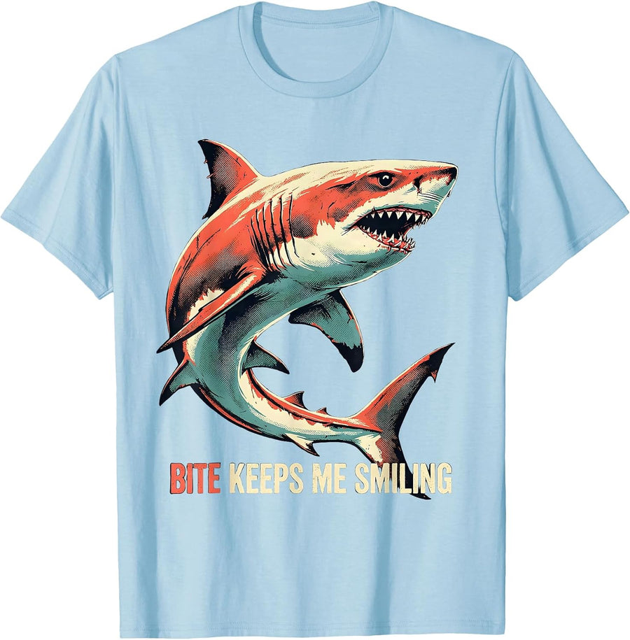 Men's Bite Keeps Me Smiling Playful Shark Lover Ocean Wildlife T-Shirt - Baby Blue