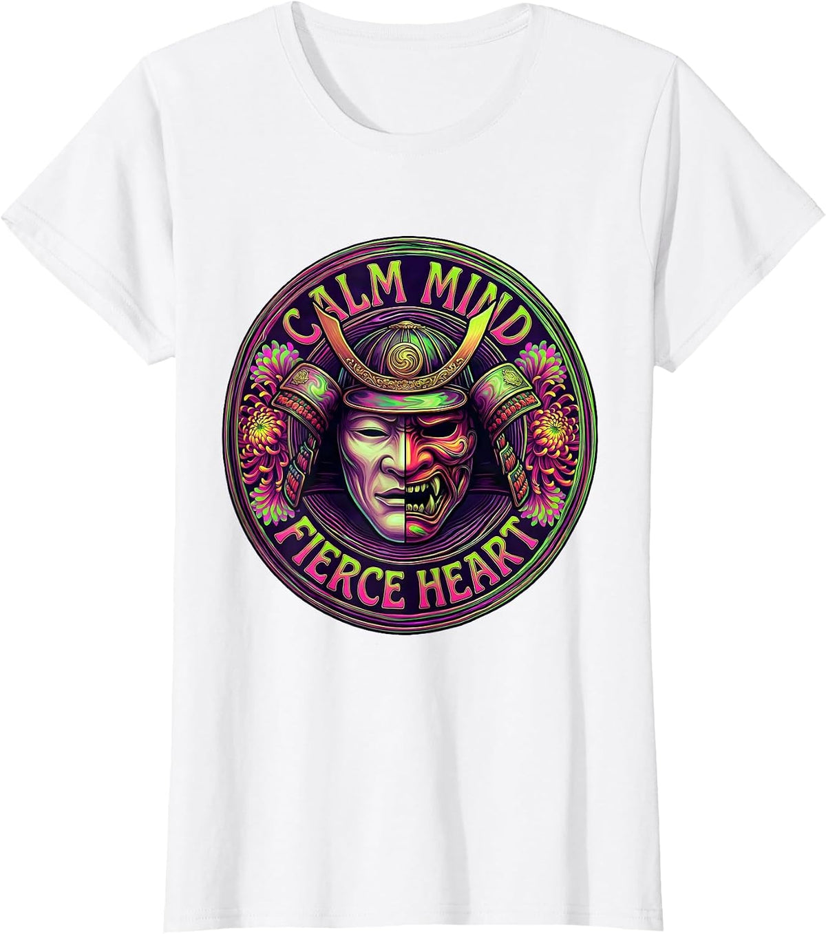 Calm Mind Fierce Heart Japanese Warrior Design T-Shirt - White