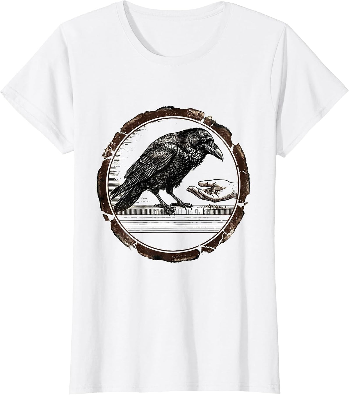 Women's Stamped Crow Seal Dark Humor Gothic Bird Lover T-Shirt - White