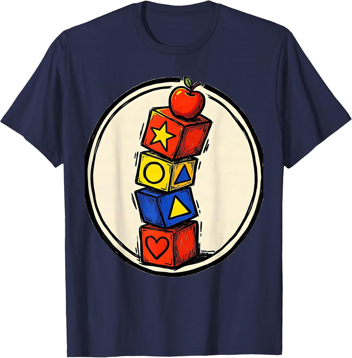 Men's Kindergarten Teacher Alphabet Blocks Tower T-Shirt - Navy Blue