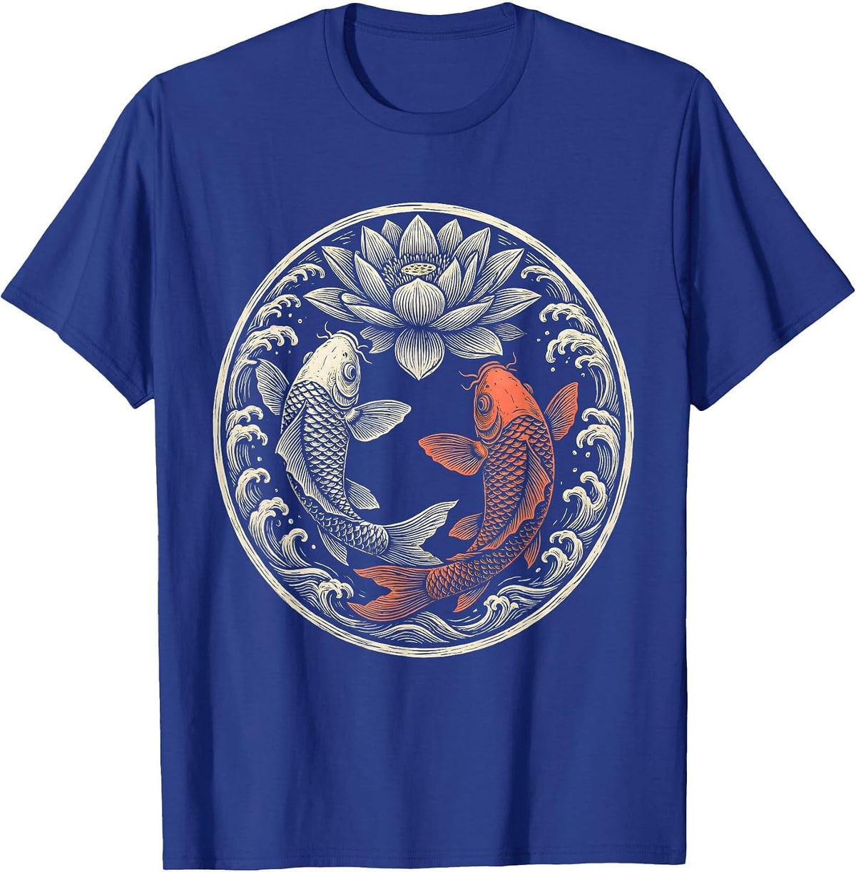 Men's Koi Fish Lily Pad Bloom Aloha Design T-Shirt - Royal Blue