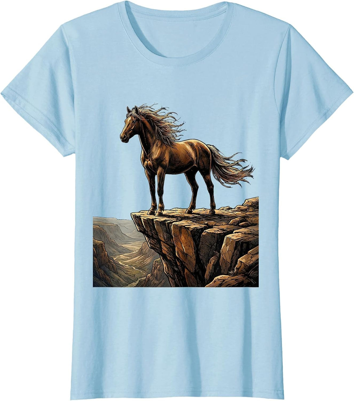 Lone Horse on Cliff Edge Illustration T-Shirt - Baby Blue