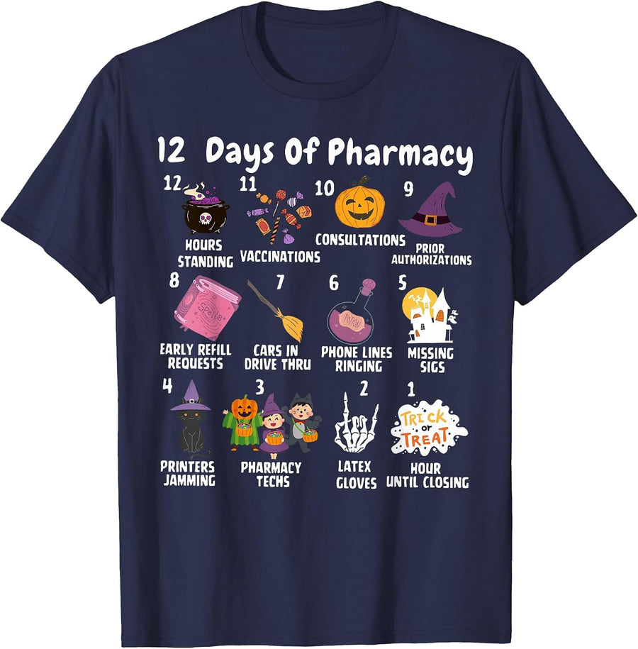 12 Days of Pharmacy Halloween Pharmacists Tech Spooky Season T-Shirt - Navy Blue