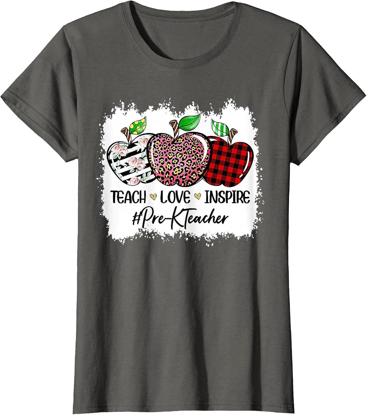 Teach Love Inspire Pre-k Teacher Apple Leopard Red Plain T-Shirt - Asphalt Grey
