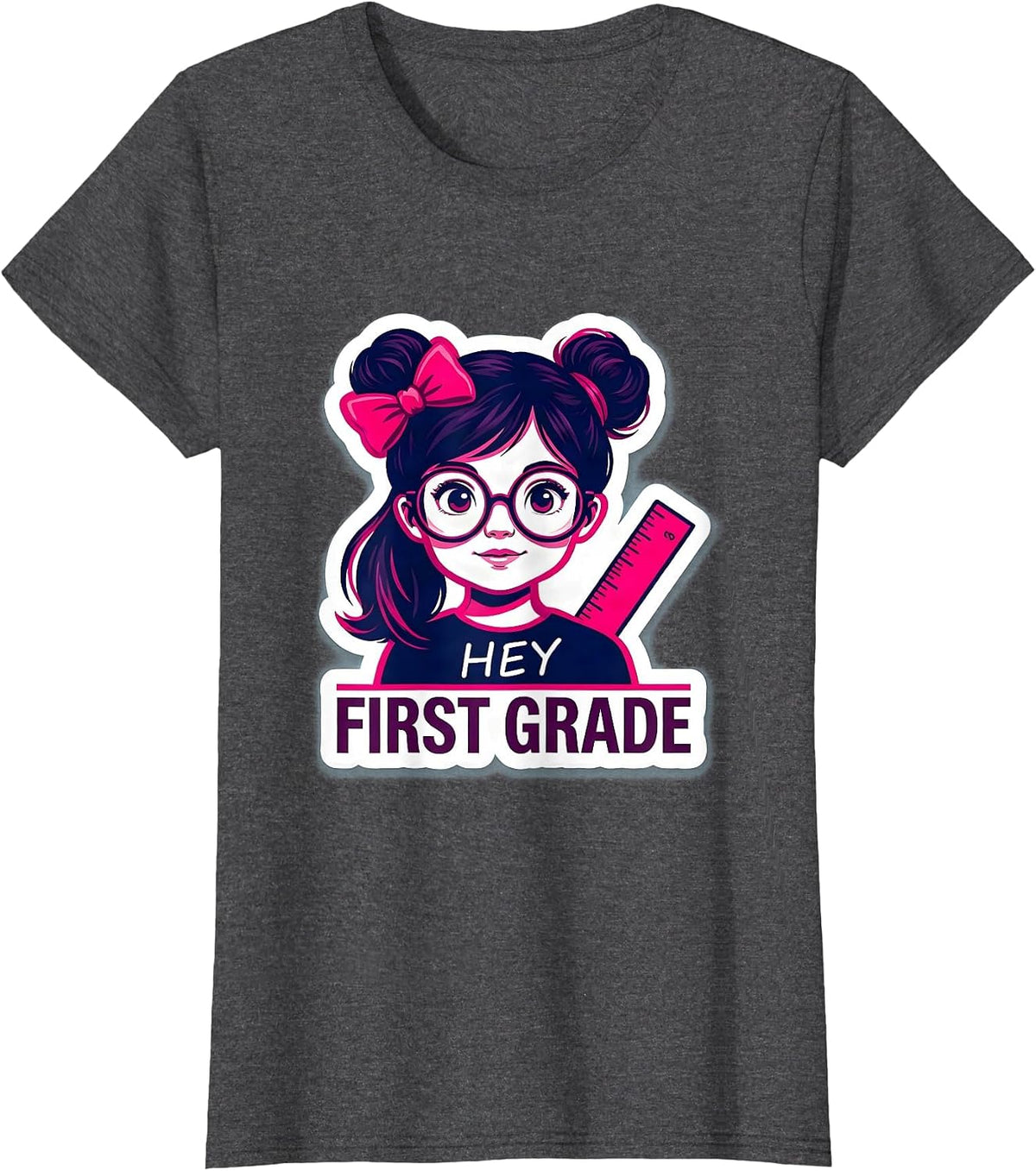 Women's Hey, First Grade Cute Messy Bun Back To School Girl T-Shirt - Dark Heather Grey