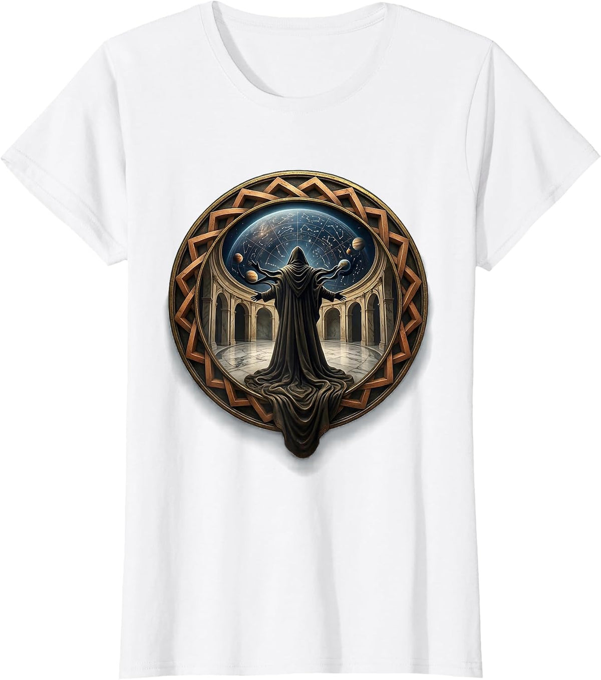 Renaissance Stargazer Robed Figure Celestial Dome T-Shirt - White