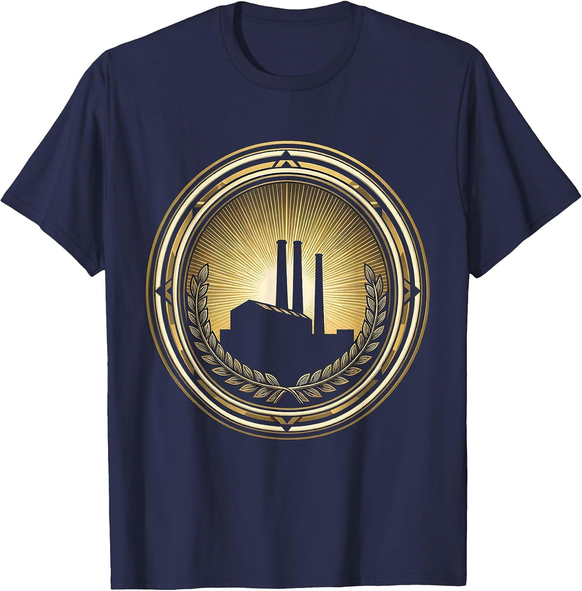 Labor Day Factory Smokestack Golden Sunrise T-Shirt - Navy Blue