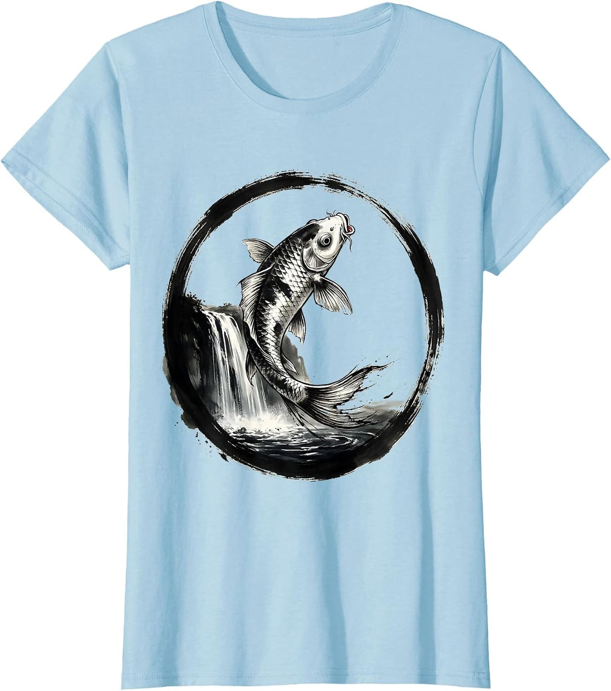Women's White Koi Fish Leaping Waterfall Freedom Design T-Shirt - Baby Blue