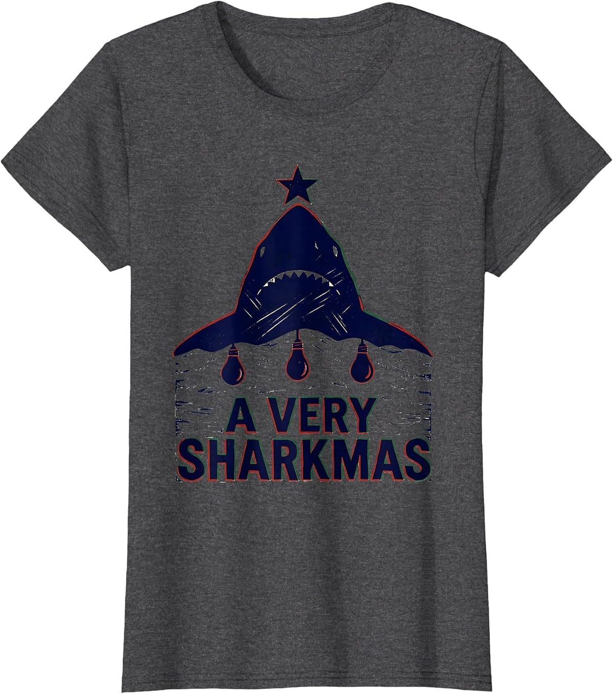 Women's A Very Sharkmas Linocut Shark Lover Christmas Pun Humor T-Shirt - Dark Heather Grey