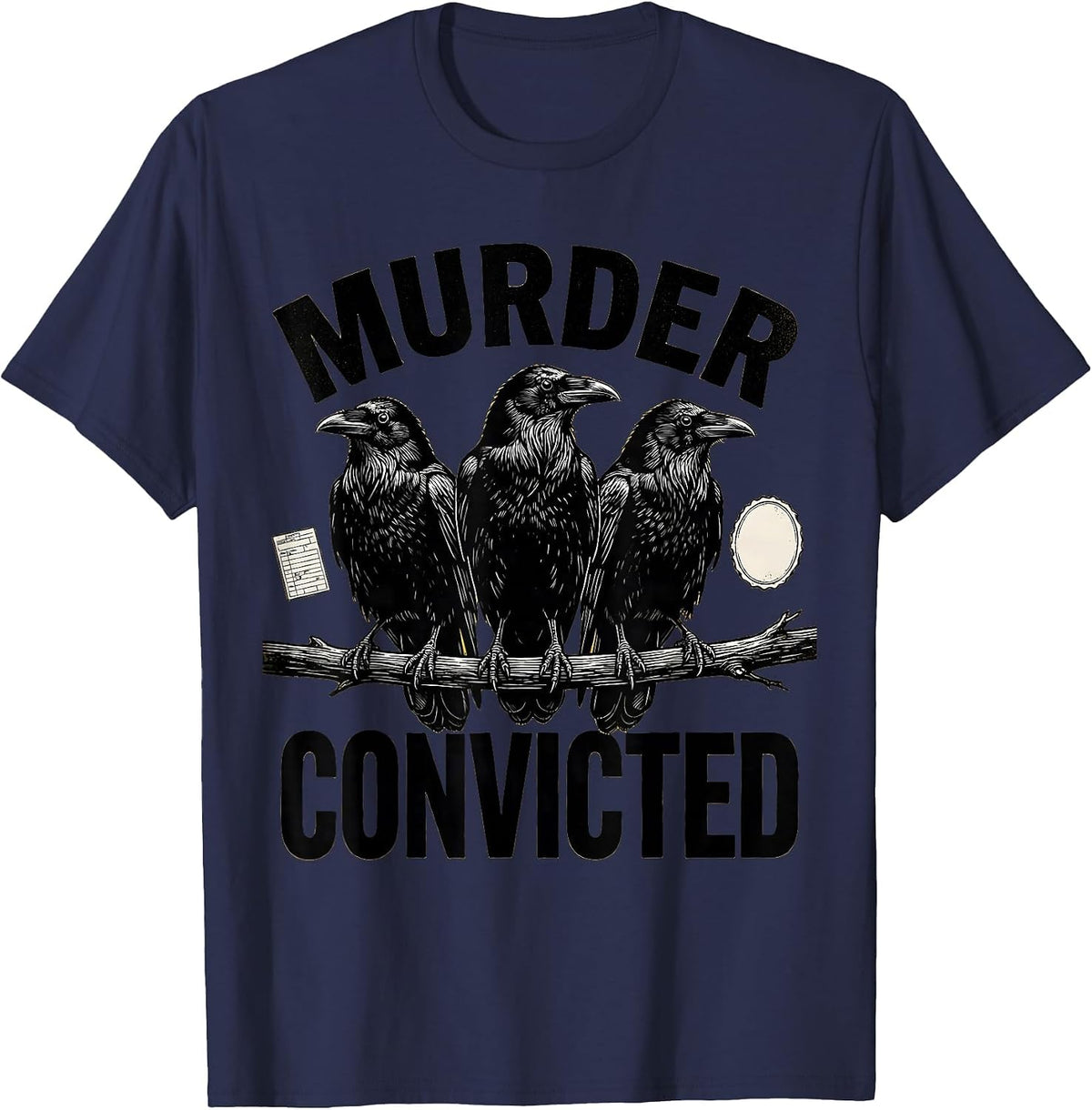 Men's Murder Convicted Scratchboard Dark Humor Gothic Crow Raven T-Shirt - Navy Blue