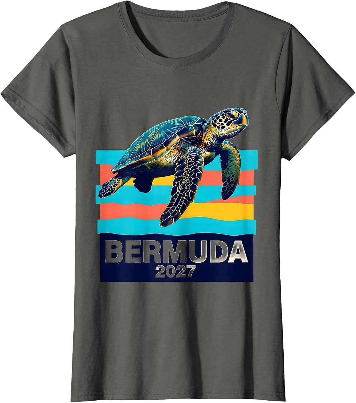 Women's Bermuda 2027 Screenprint Sea Turtle Tropical Vacation T-Shirt - Asphalt Grey