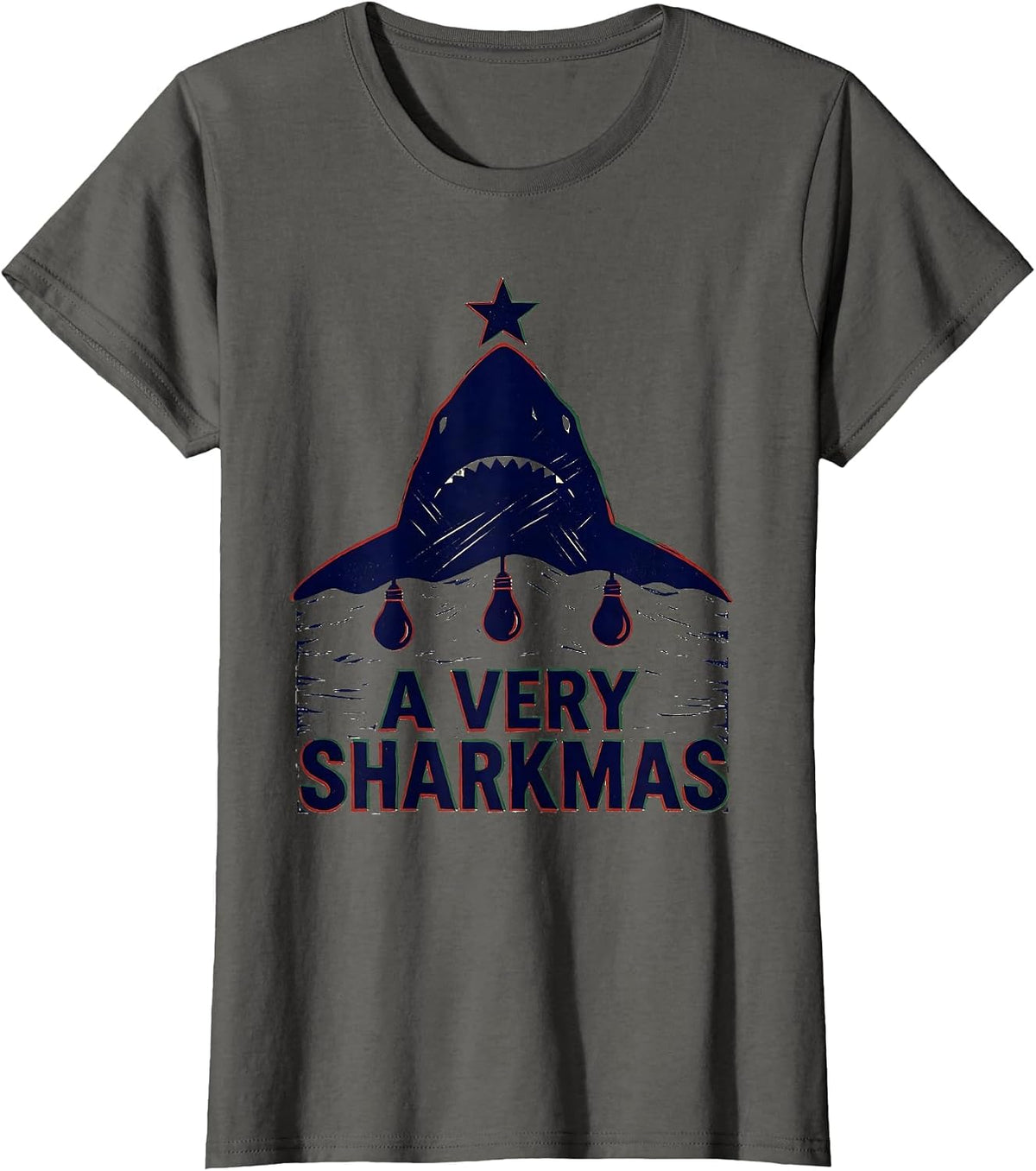 Women's A Very Sharkmas Linocut Shark Lover Christmas Pun Humor T-Shirt - Asphalt Grey