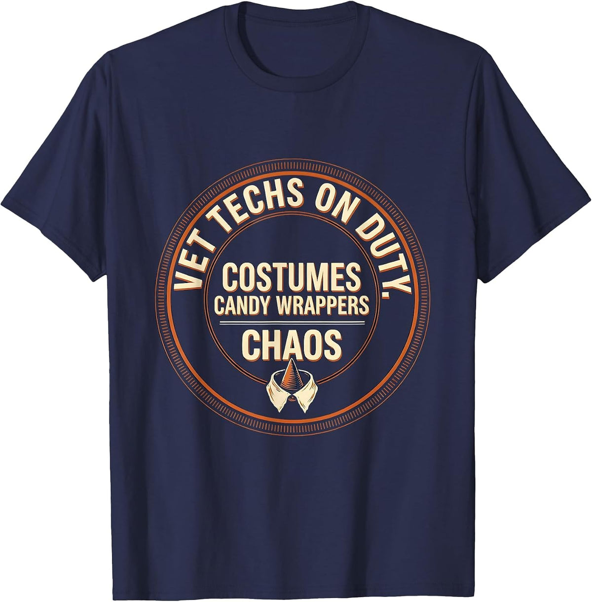 Men's Vet Techs On Duty: Costumes, Candy Wrappers, Chaos Humor T-Shirt - Navy Blue