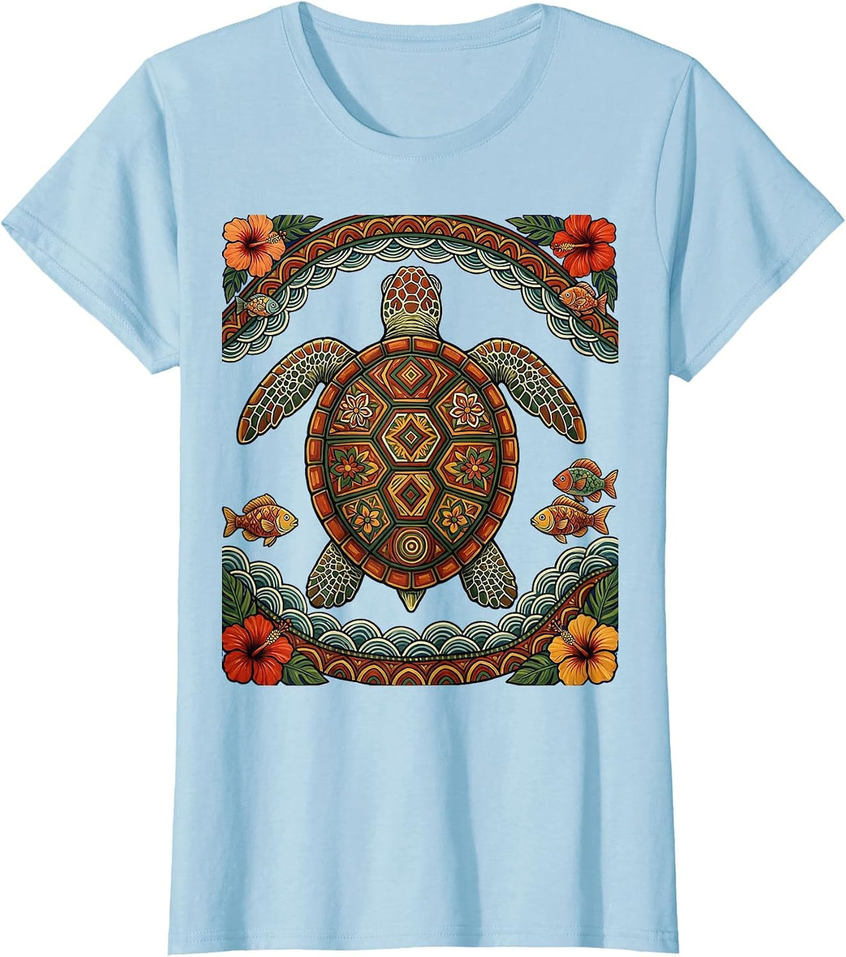 Sea Turtle Luau Wave Diving Graphic Tee T-Shirt - Baby Blue