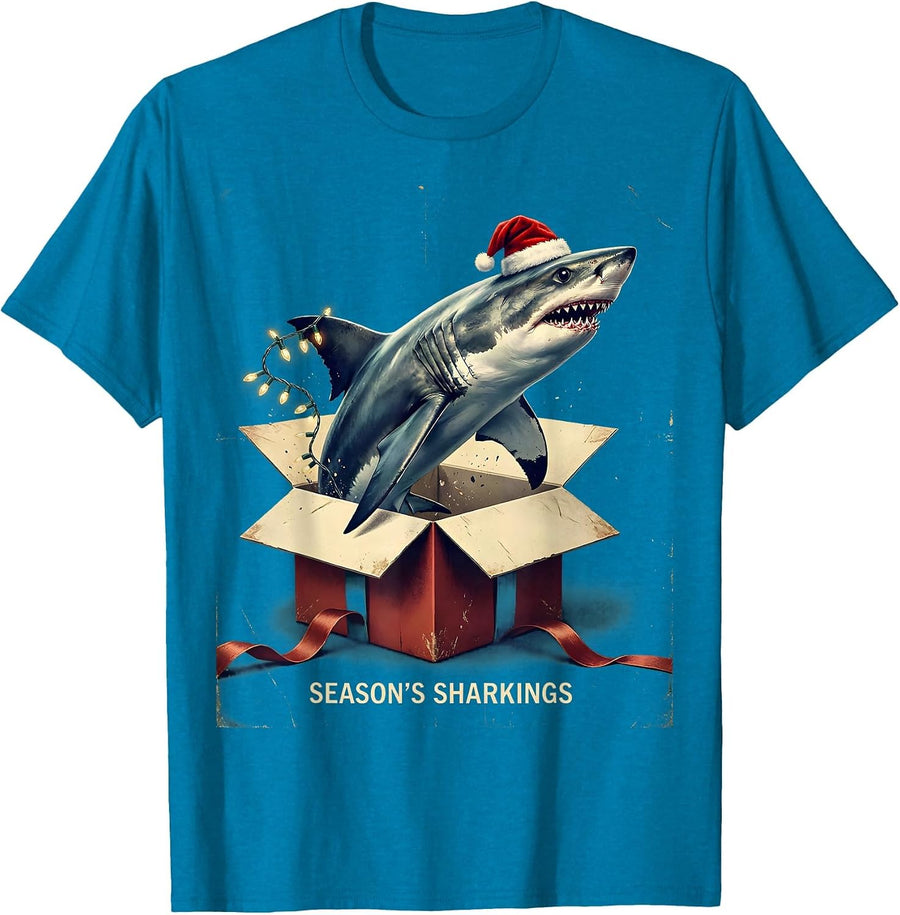 Season's Sharkings Vintage Funny Shark Santa Hat Christmas T-Shirt - Sapphire Blue