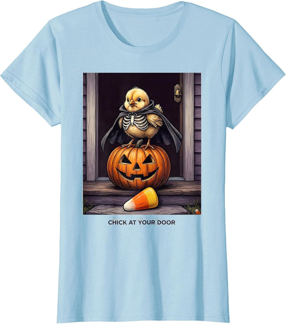 Women's Chick At Your Door Funny Halloween Chicken Lover Costume T-Shirt - Baby Blue