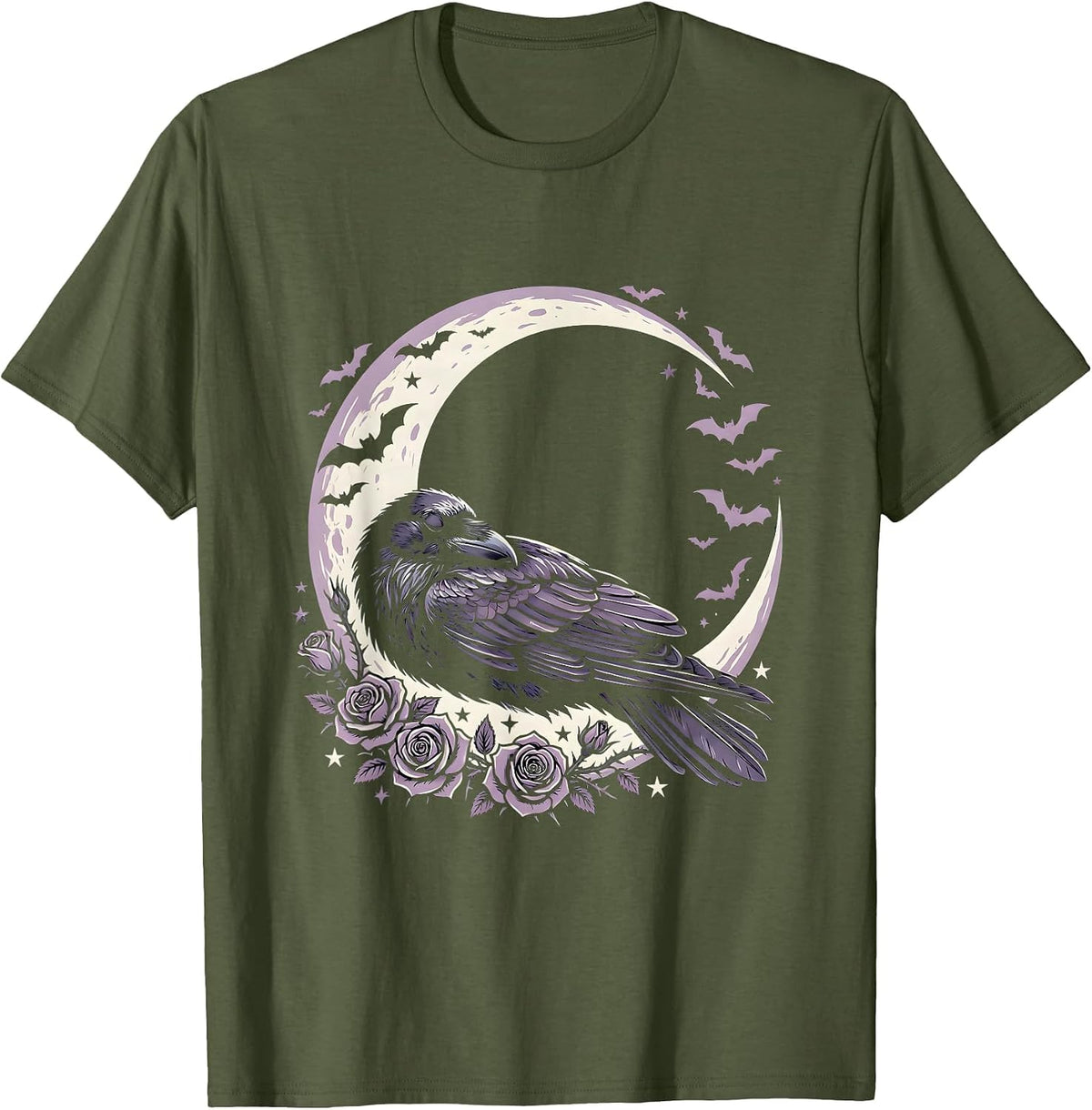 Crescent Moon Sleeping Raven Gothic Night Design T-Shirt - Olive Green
