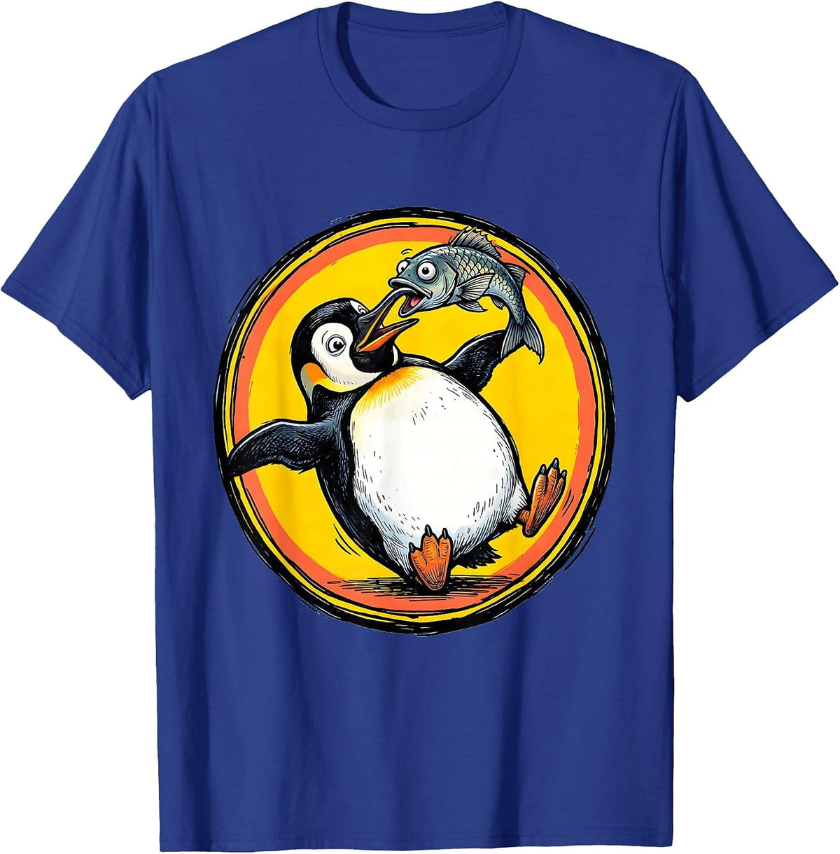 Derpy Penguin Balancing Fish on Its Nose T-Shirt - Royal Blue