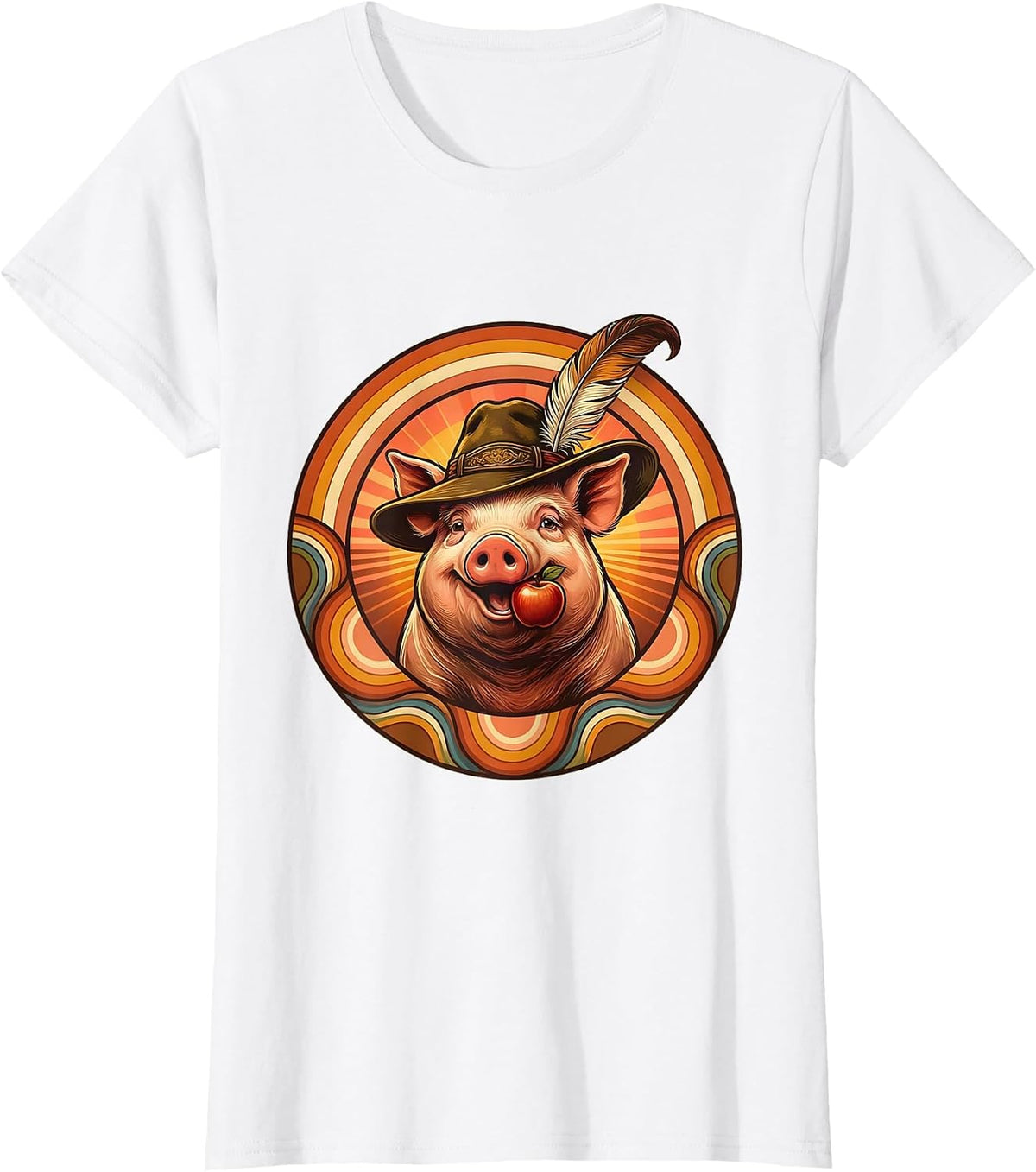 Women's Oktoberfest Pig with Feathered Hat Illustration T-Shirt - White