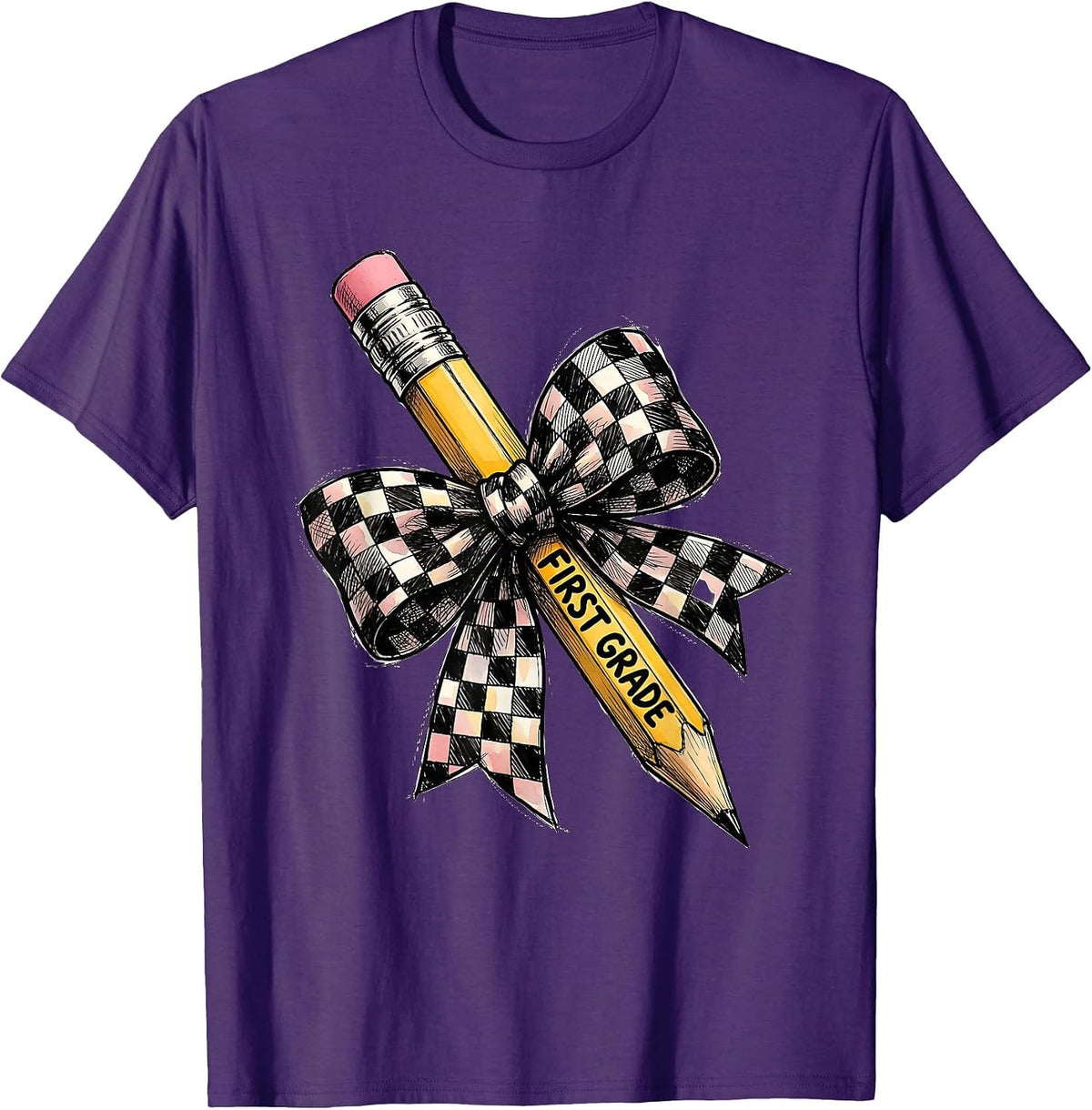 Men's First Grade Cute Coquette Bow Pencil Back to School Teacher T-Shirt - Purple