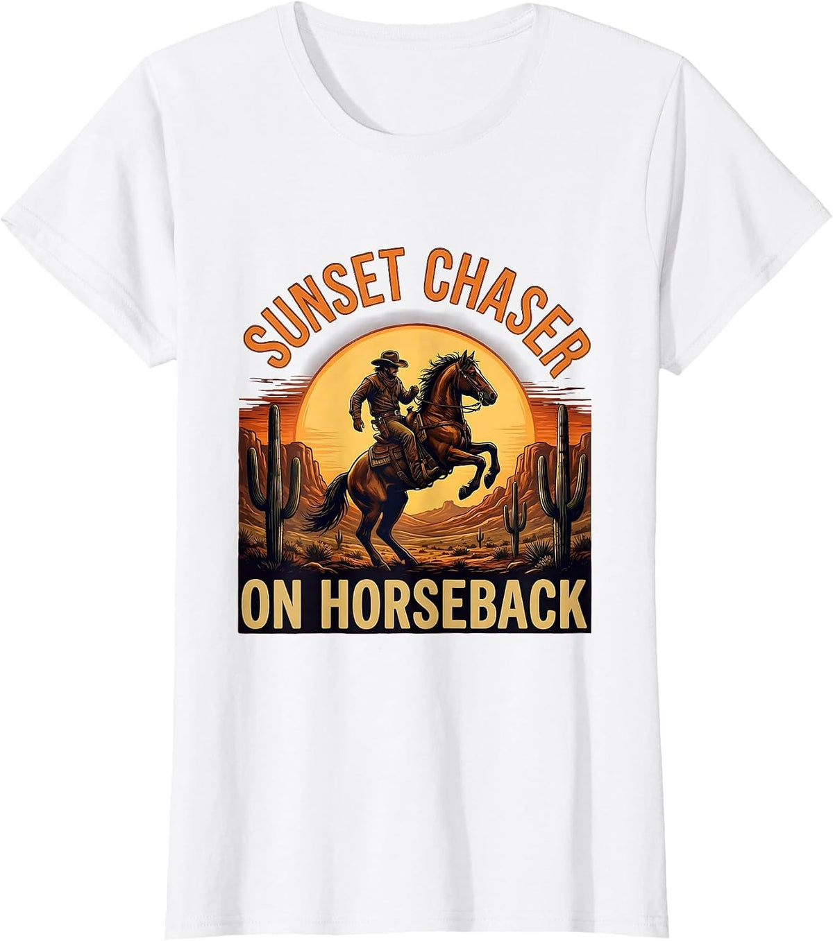 Sunset Chaser On Horseback Cowboy Design T-Shirt - White
