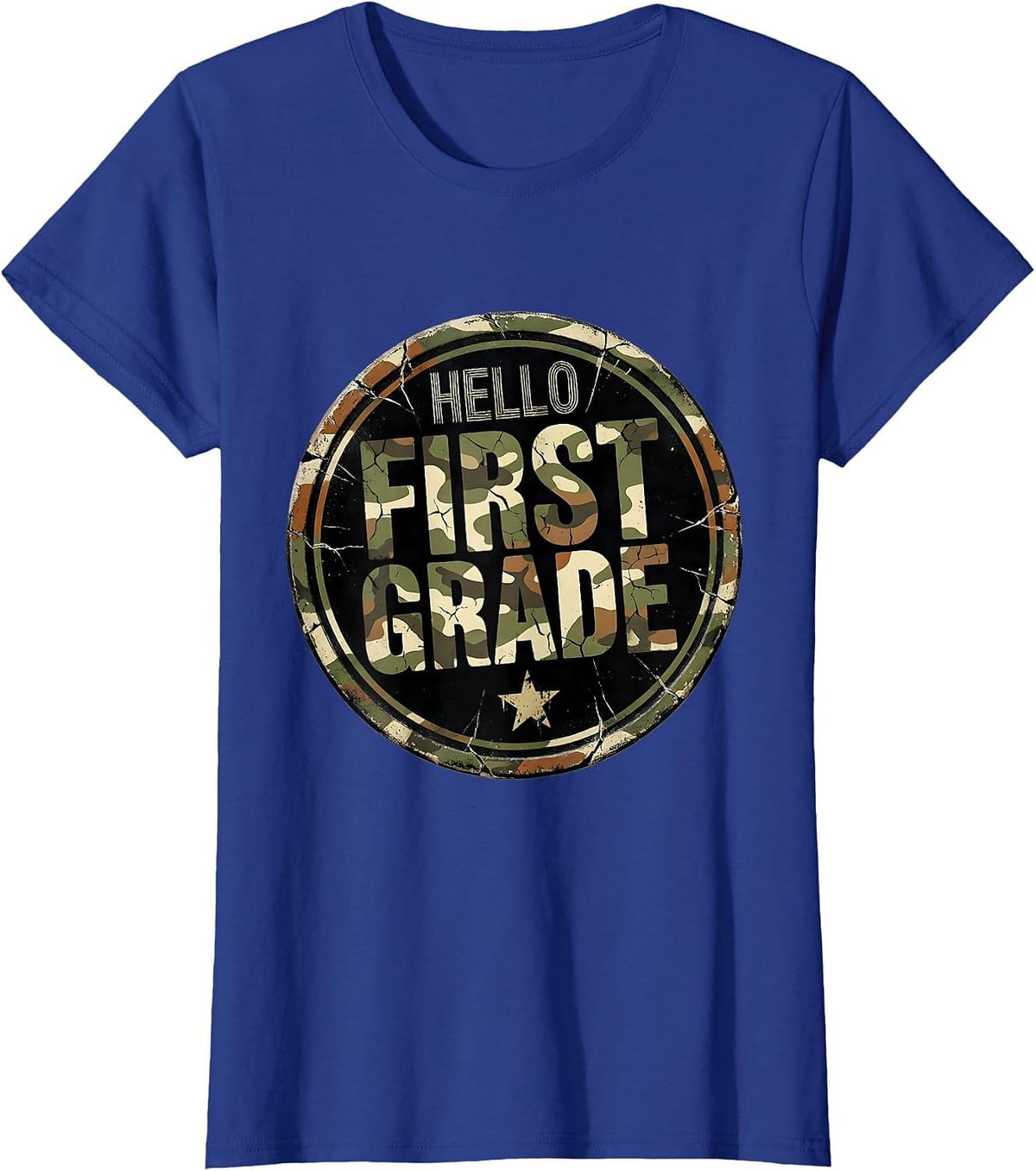 Women's Hello First Grade Distressed Camo First Day Of School Boys T-Shirt - Royal Blue