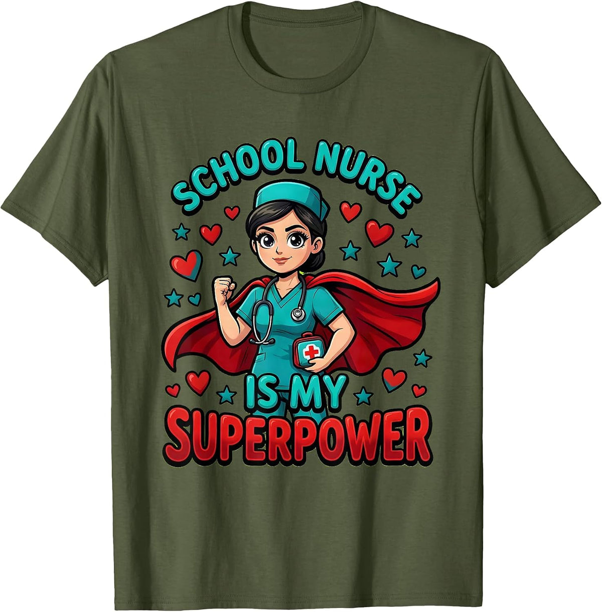 School Nurse Is My Superpower Cartoon Nurse Back To School T-Shirt - Olive Green