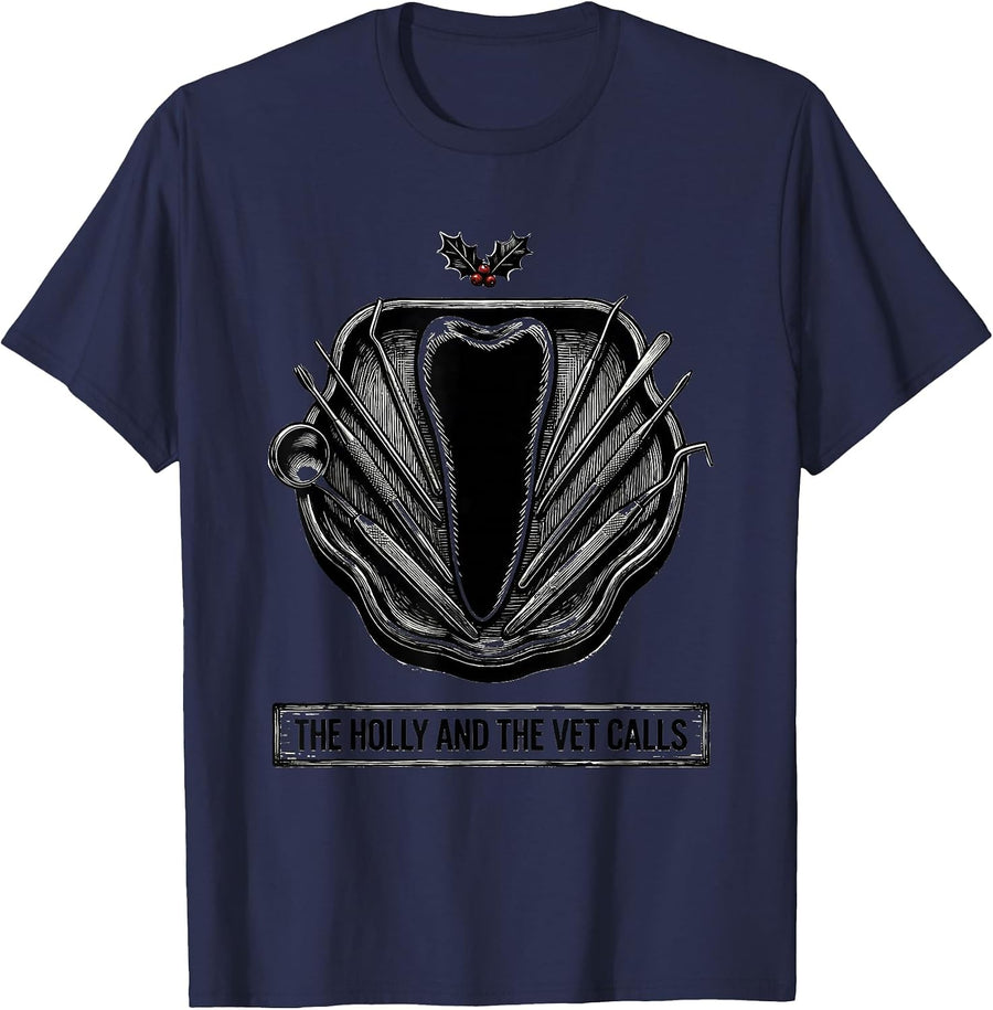 The Holly And The Vet Calls Funny Veterinary Tech Christmas T-Shirt - Navy Blue