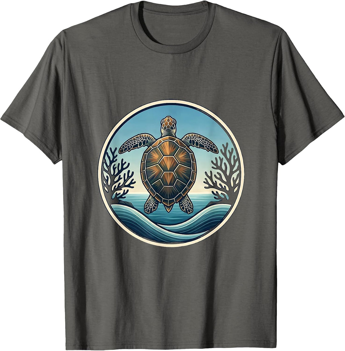 Sea Turtle Coral Reef Hawaiian Graphic Tee T-Shirt - Asphalt Grey