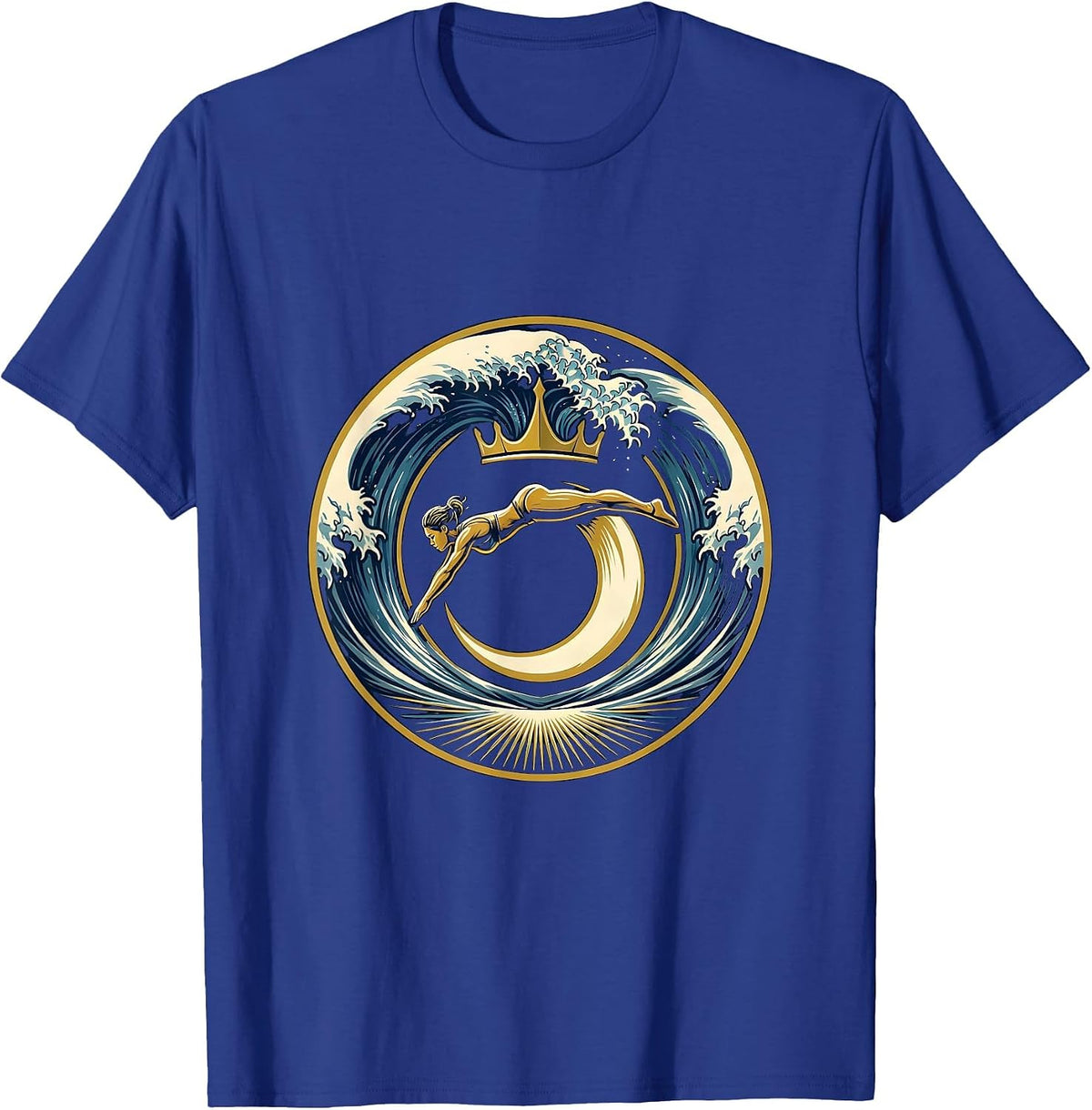 Athlete Diving Into Ocean Wave Illustration T-Shirt - Royal Blue