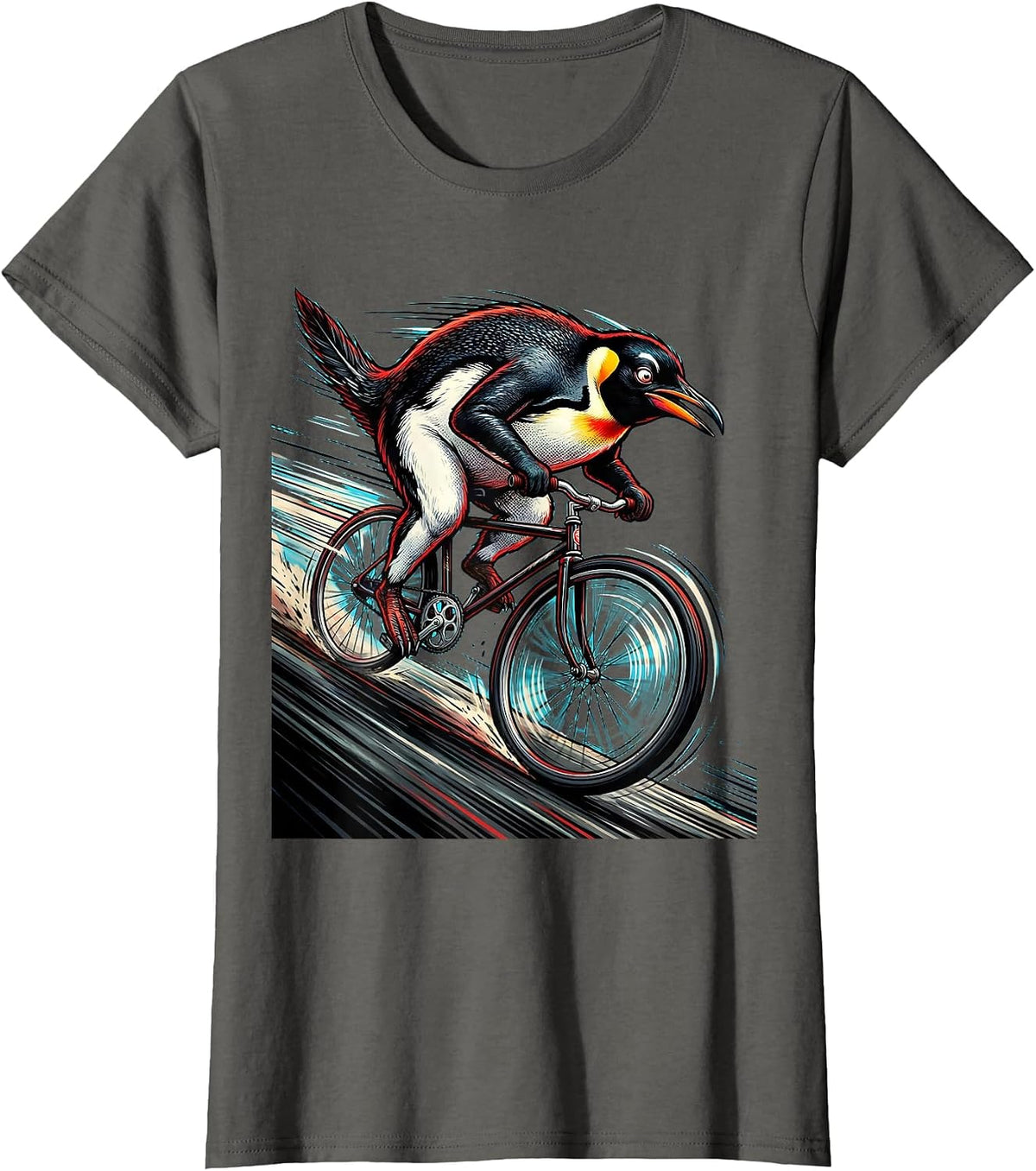 Women's Penguin Downhill Bicycle Rider Graphic Tee T-Shirt - Asphalt Grey