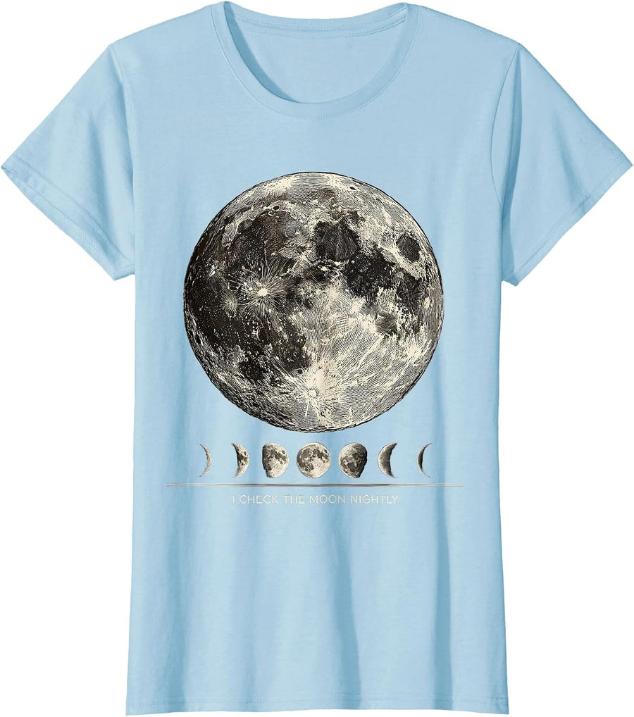 Women's I Check The Moon Nightly Celestial Astronomy Gift for Space T-Shirt - Baby Blue