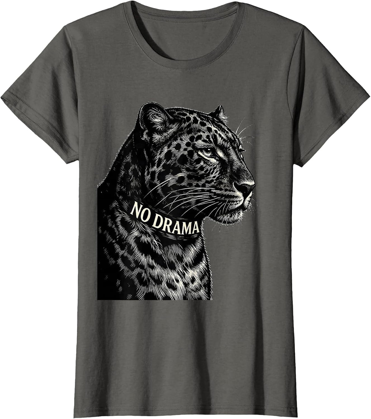 Women's No Drama Scratchboard Panther Portrait Glam Big Cat Animal T-Shirt - Asphalt Grey