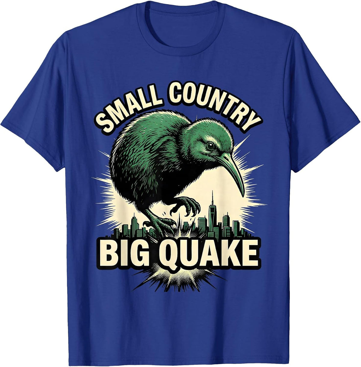 Small Country Big Quake Comic Book Kiwi Bird Rugby Fan T-Shirt - Royal Blue