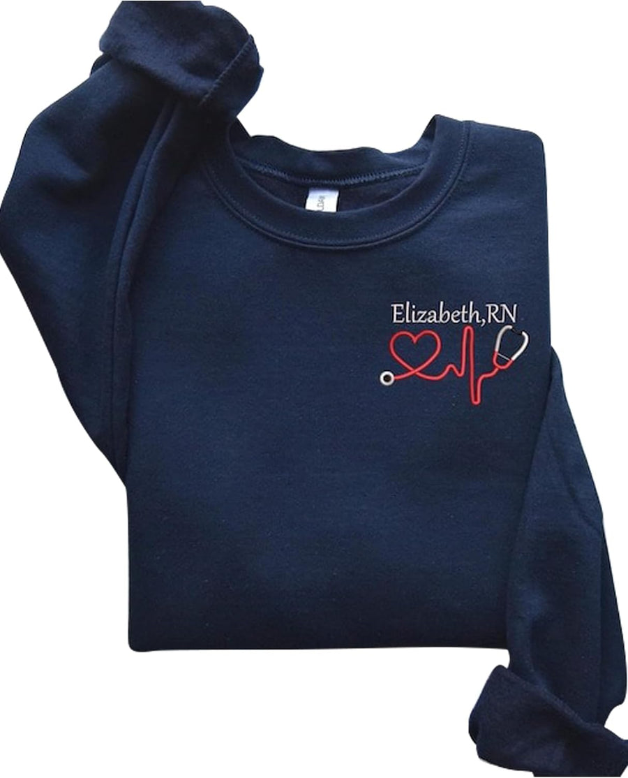 IZI POD Custom Nurse Embroidered Crewneck Sweatshirt For Women, Embroidered Nursing Shirts, Personalized Name Nurse