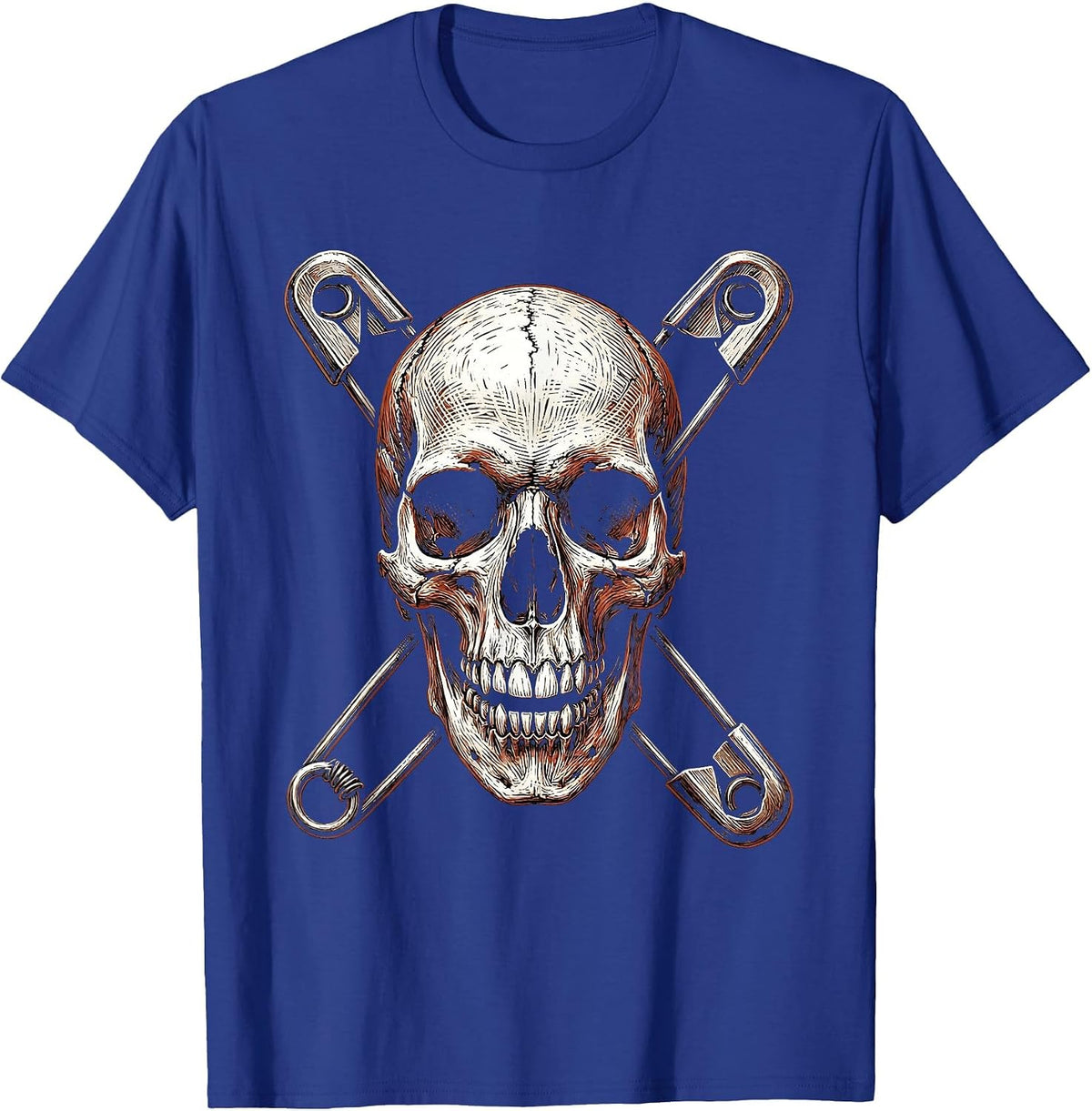Crow Skull Crossed Safety Pins Punk Art T-Shirt - Royal Blue