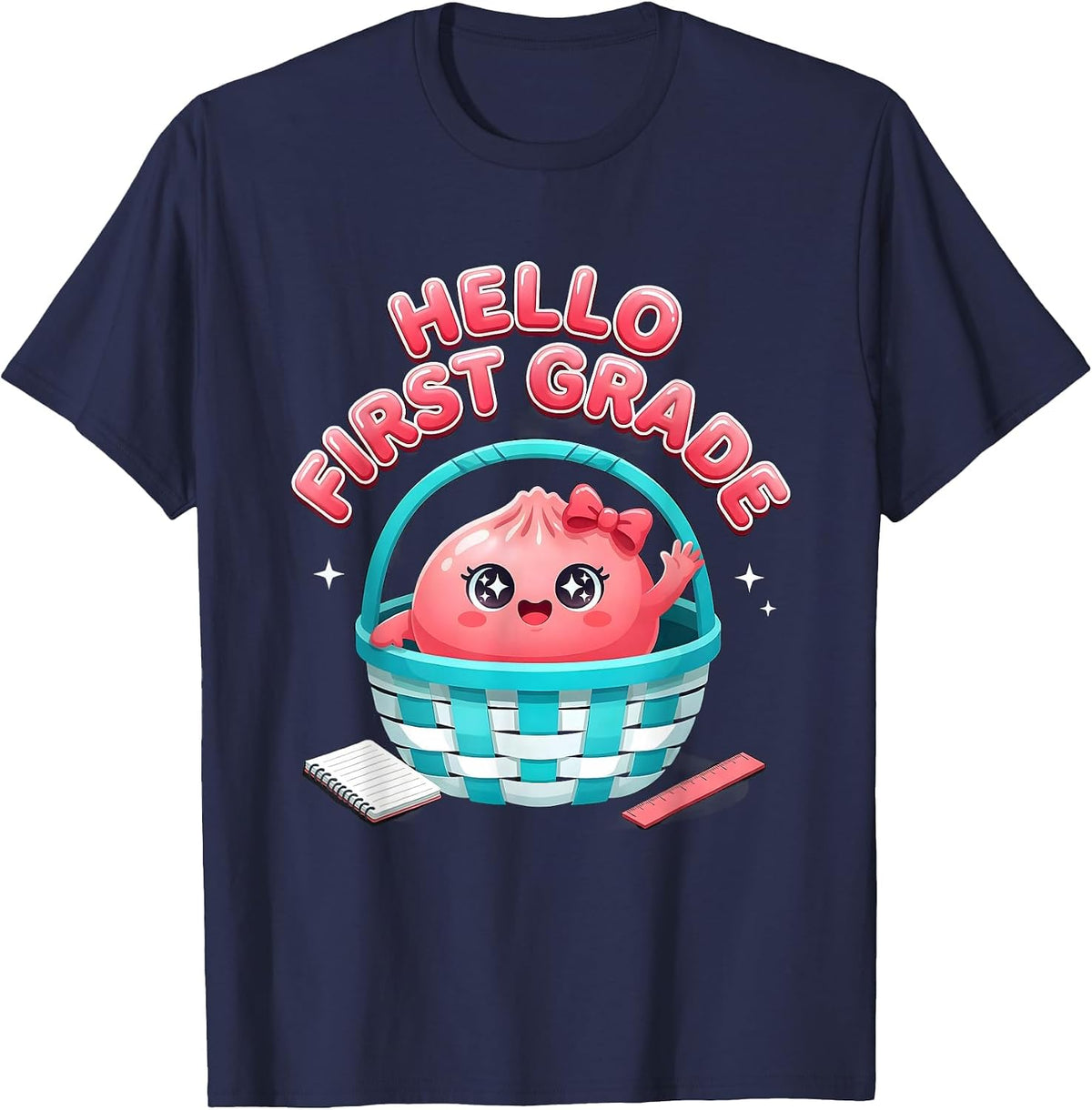 Men's Hello First Grade Cute Dumpling Back to School Girl Teacher T-Shirt - Navy Blue